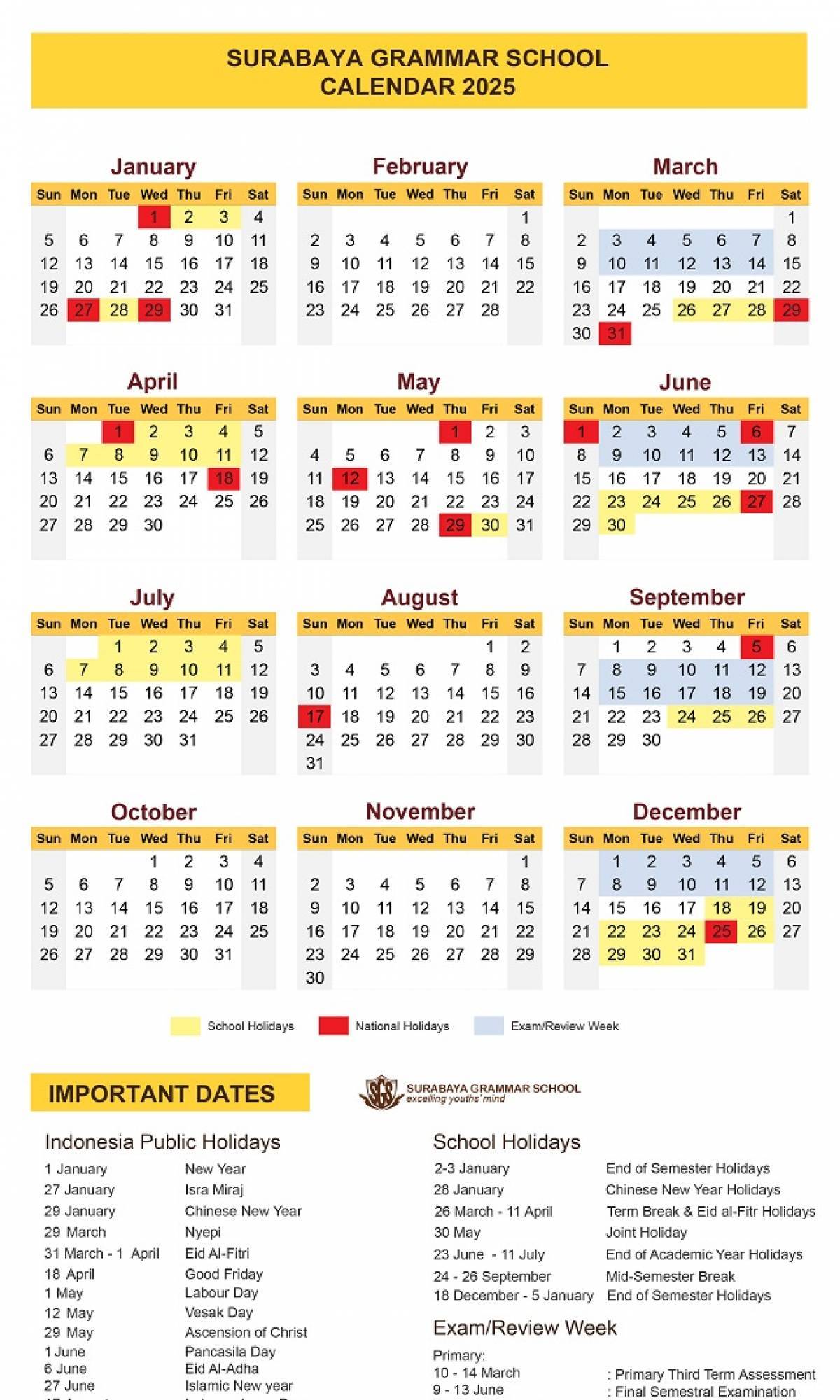 Surabaya Grammar School Academic Calendar
