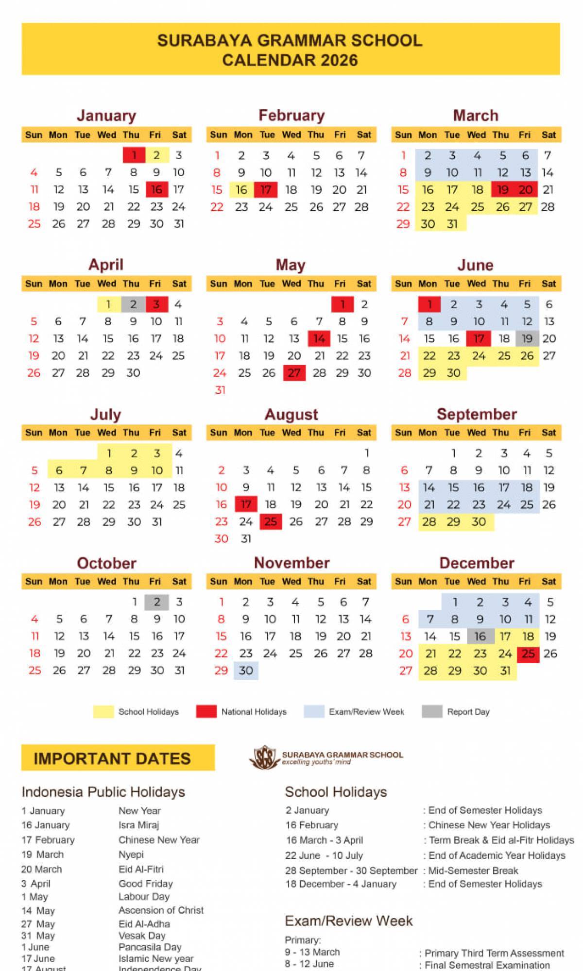 Surabaya Grammar School Academic Calendar
