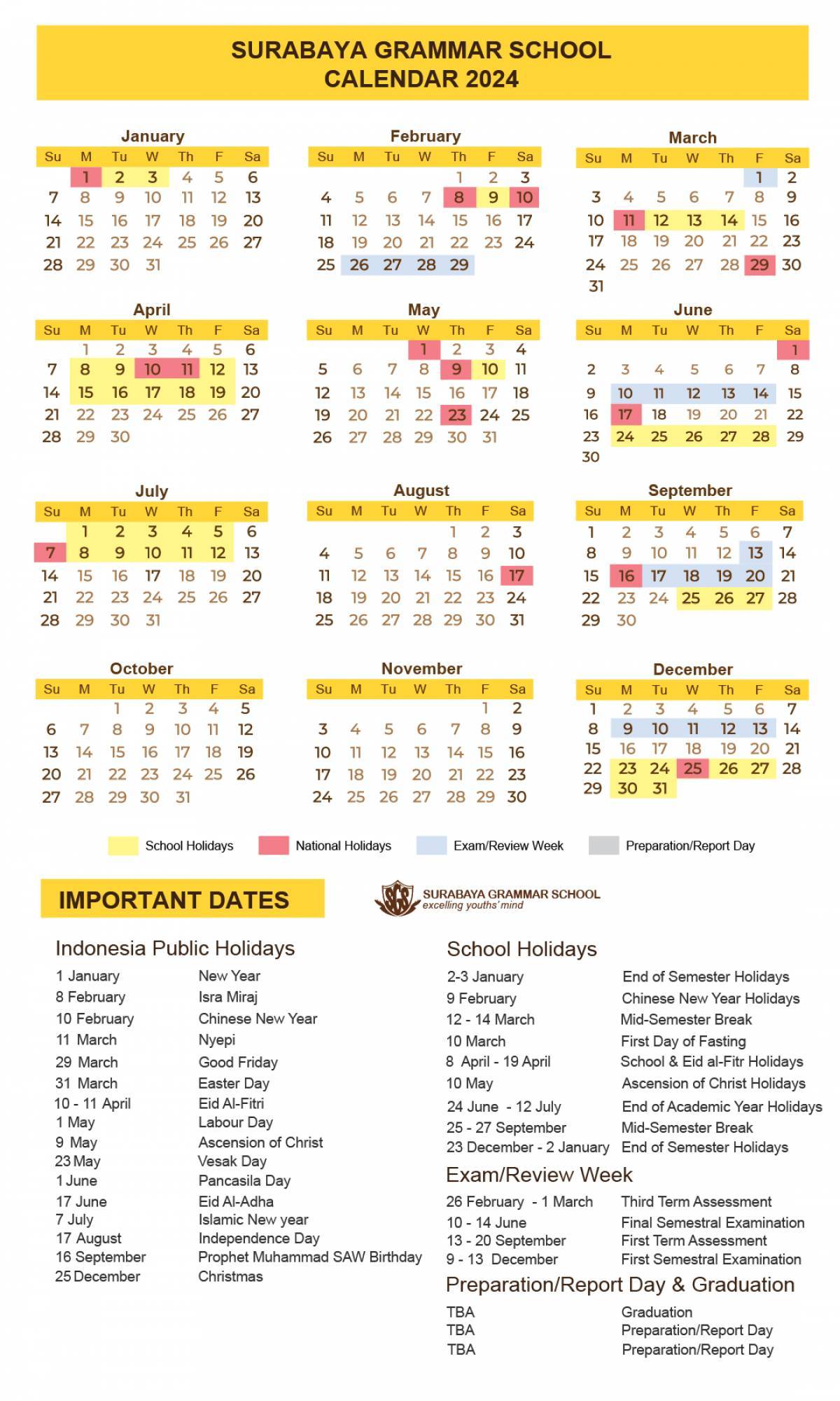 Surabaya Grammar School Academic Calendar