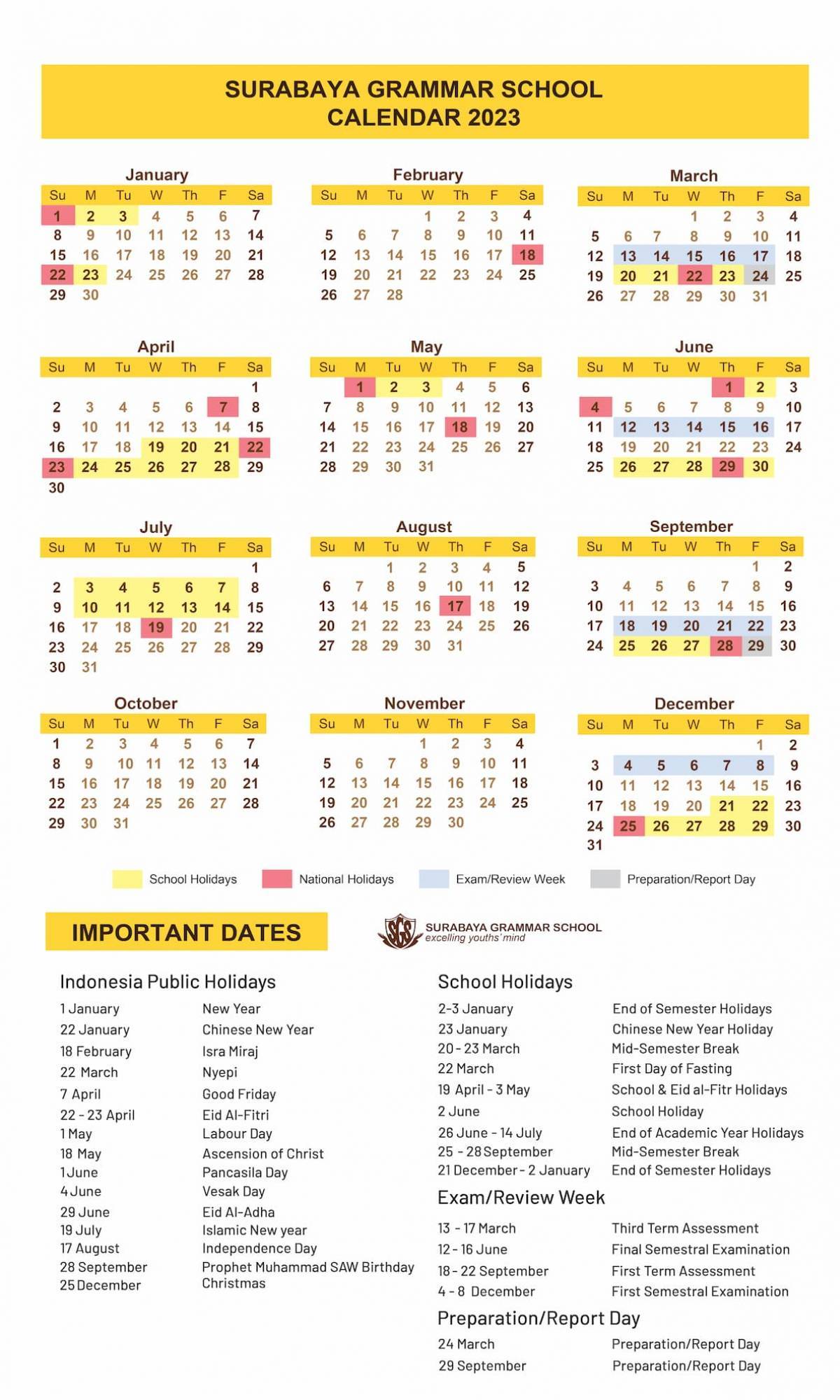 Surabaya Grammar School Academic Calendar